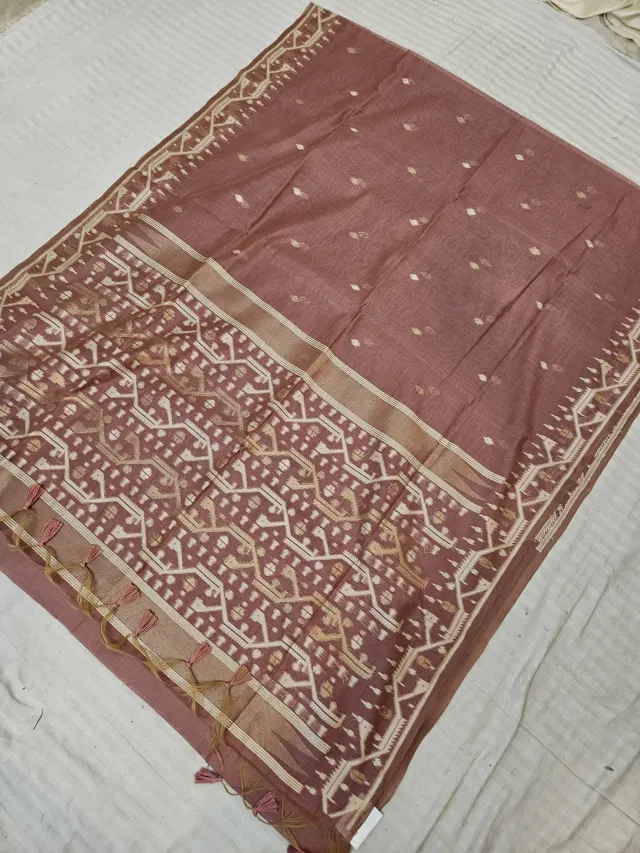 Dusty Mauve Muslin Cotton Soft Silk Saree with Geometric Temple Pallu