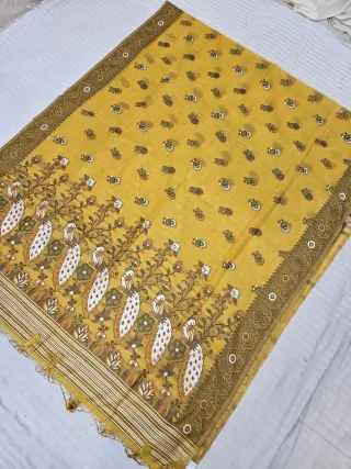 Mustard Yellow Muslin Cotton Soft Silk Saree with Peacock Kalamkari Pallu