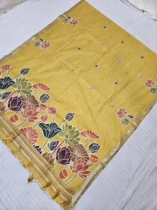 Mustard Yellow Muslin Cotton Soft Silk Saree with Hand-Painted Lotus Pallu
