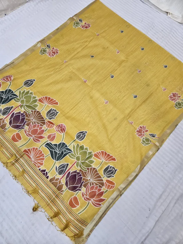 Mustard Yellow Muslin Cotton Soft Silk Saree with Hand-Painted Lotus Pallu