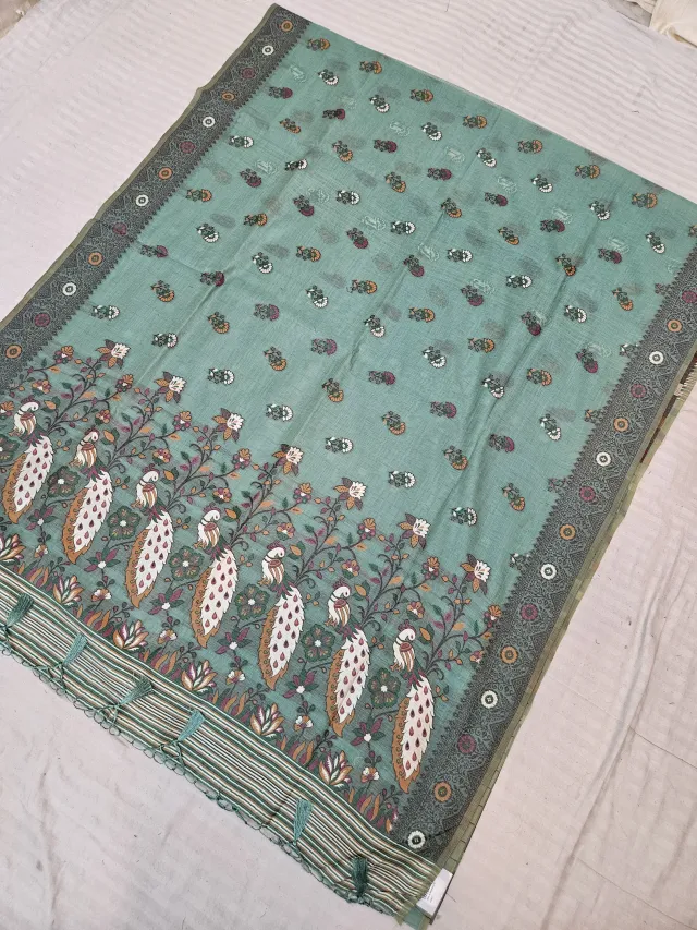 Seafoam Green Muslin Cotton Soft Silk Saree with Peacock Kalamkari Pallu
