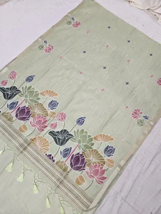 Pista Green Muslin Cotton Soft Silk Saree with Hand-Painted Lotus Pallu