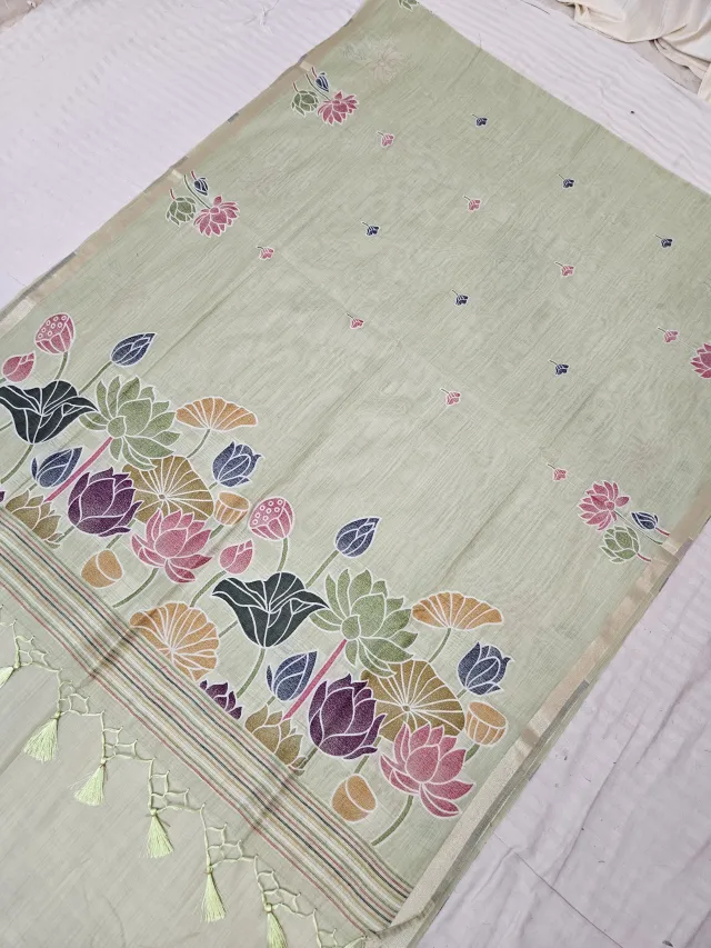 Pista Green Muslin Cotton Soft Silk Saree with Hand-Painted Lotus Pallu