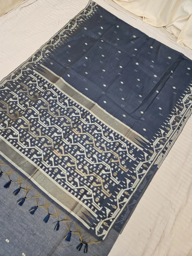 Midnight Navy Muslin Cotton Soft Silk Saree with Geometric Temple Pallu