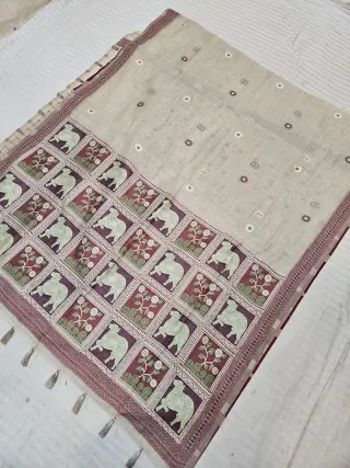 Ivory Cream Muslin Cotton Soft Silk Saree with Pichwai Cow Pallu