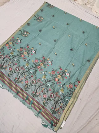 Sea Green Muslin Cotton Soft Silk Saree with Floral Tree Pallu