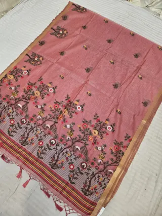 Dusty Rose Pink Muslin Cotton Soft Silk Saree with Floral Tree Pallu