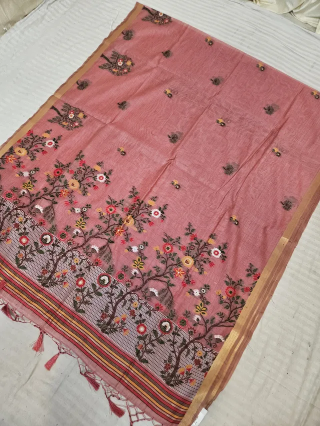 Dusty Rose Pink Muslin Cotton Soft Silk Saree with Floral Tree Pallu