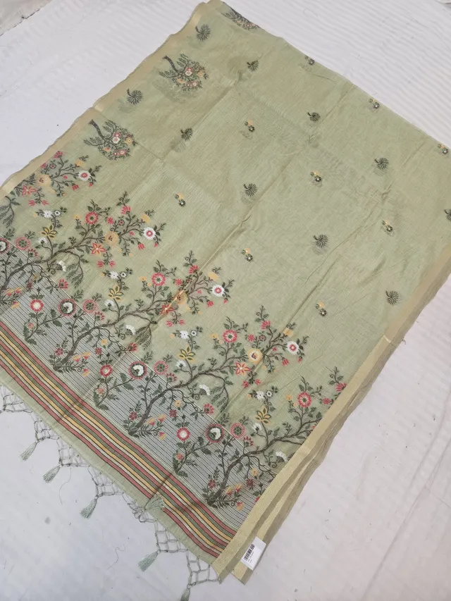 Sage Green Muslin Cotton Soft Silk Saree with Floral Tree Pallu