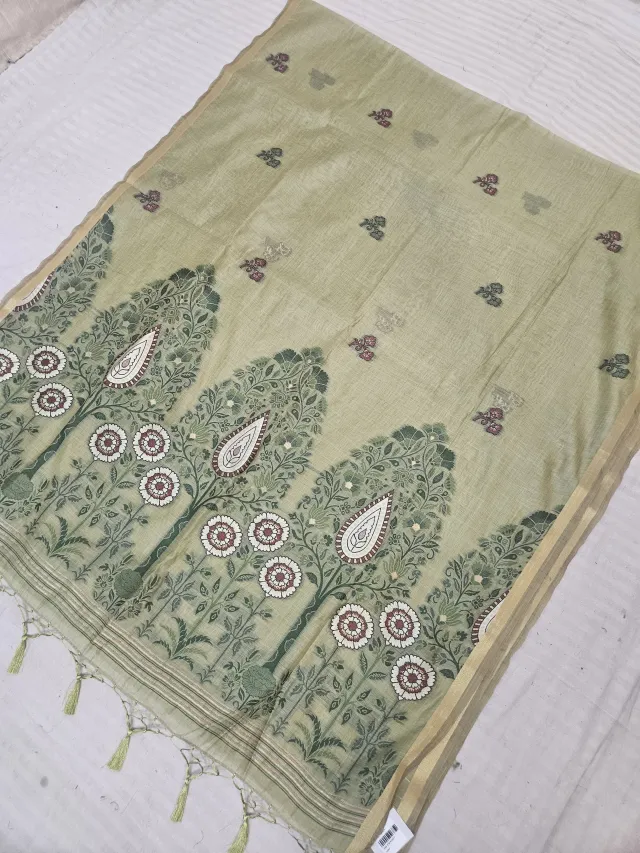 Sage Green Muslin Cotton Soft Silk Saree with Tree of Life Paisley Pallu