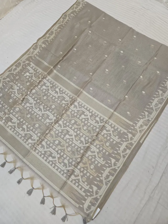 Ash Beige Muslin Cotton Soft Silk Saree with Geometric Temple Pallu