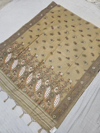 Sandalwood Beige Muslin Cotton Soft Silk Saree with Peacock Kalamkari Pallu