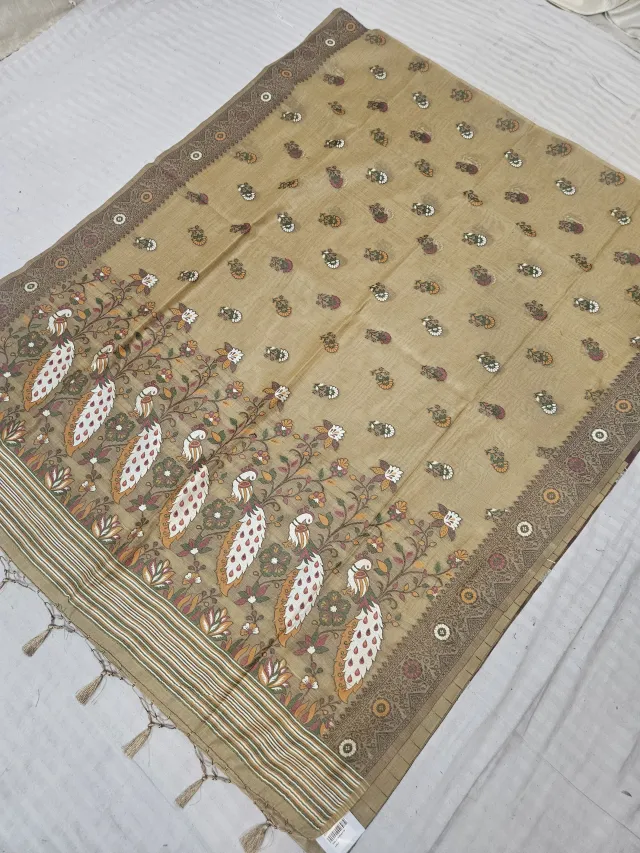 Sandalwood Beige Muslin Cotton Soft Silk Saree with Peacock Kalamkari Pallu