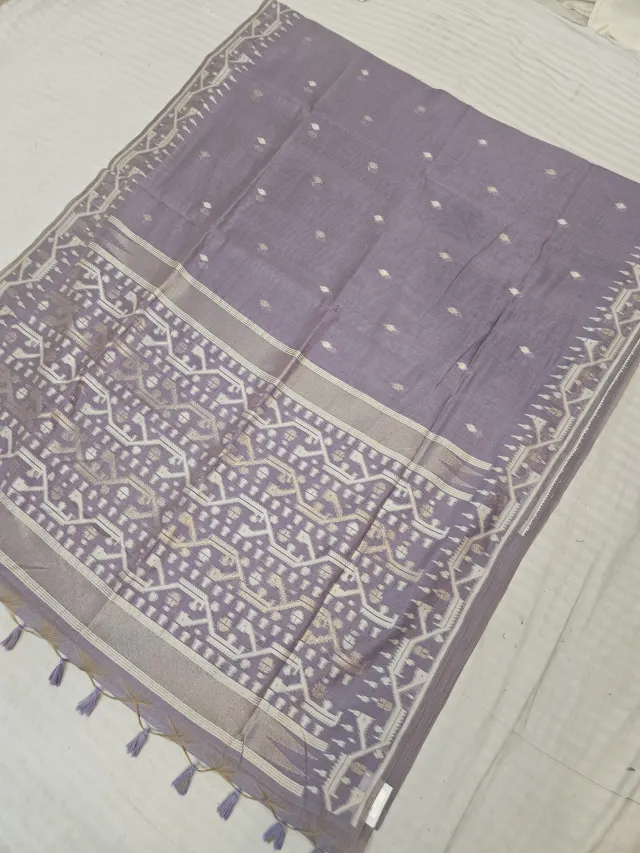 Dusty Lavender Muslin Cotton Soft Silk Saree with Geometric Temple Pallu