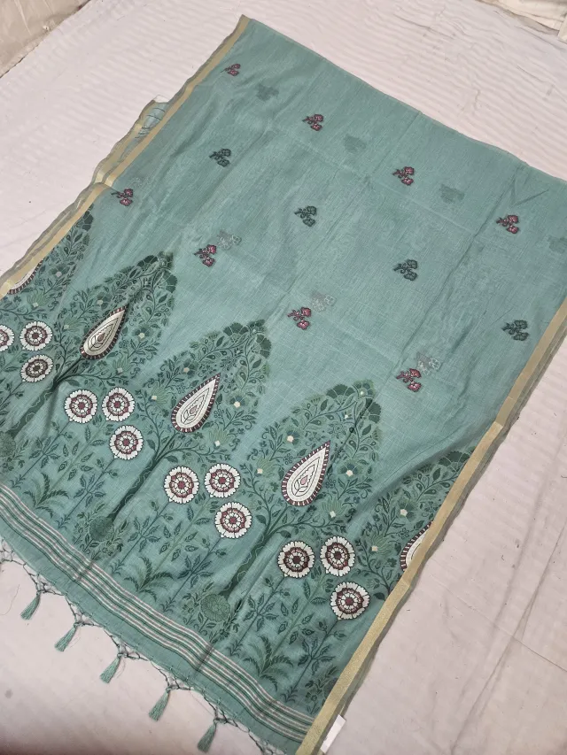 Sea Green Muslin Cotton Soft Silk Saree with Tree of Life Paisley Pallu