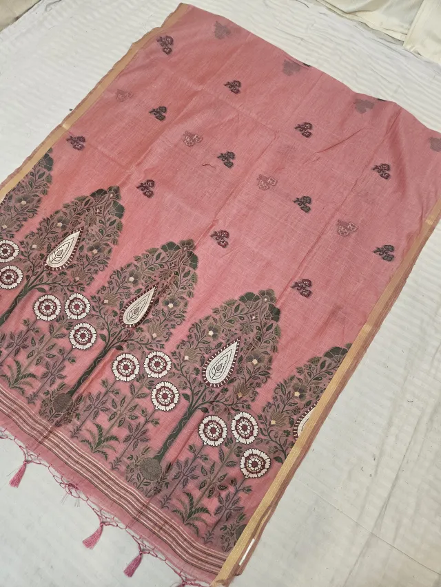 Dusty Rose Pink Muslin Cotton Soft Silk Saree with Tree of Life Paisley Pallu