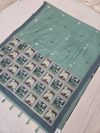 Sage Sea Green Muslin Cotton Soft Silk Saree with Pichwai Cow Pallu