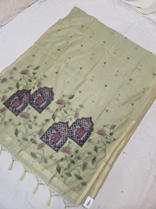 Pista Green Muslin Cotton Soft Silk Saree with cow Jharokha Pallu