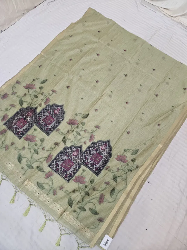 Pista Green Muslin Cotton Soft Silk Saree with cow Jharokha Pallu
