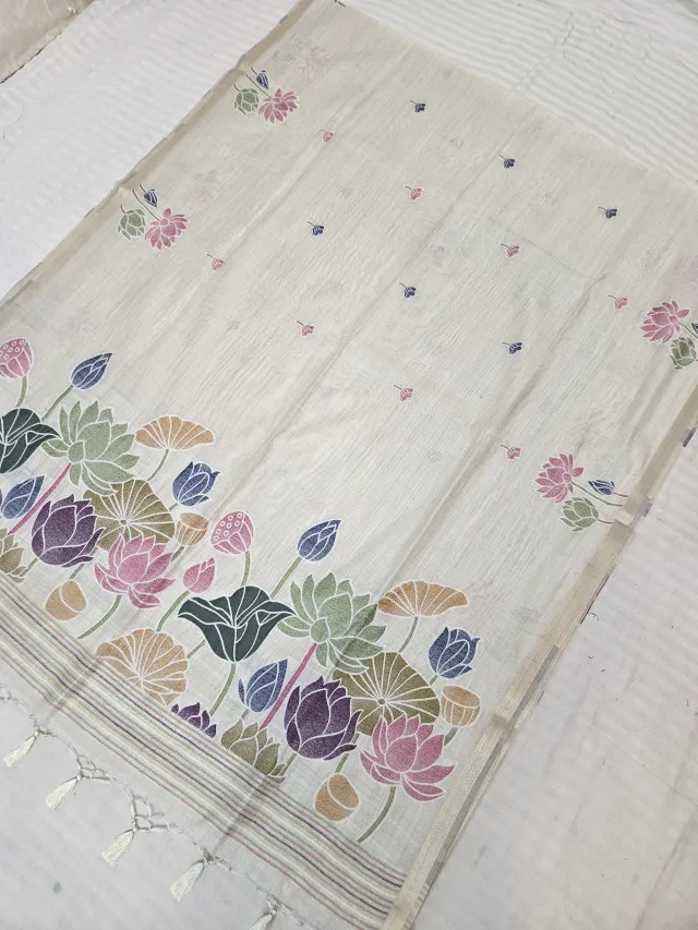 Ivory Cream Muslin Cotton Soft Silk Saree with Hand-Painted Lotus Pallu
