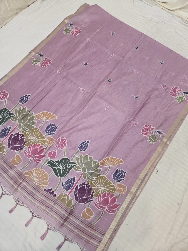 Mauve Lavender Muslin Cotton Soft Silk Saree with Hand-Painted Lotus Pallu