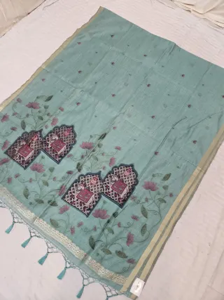 Sea Green Muslin Cotton Soft Silk Saree with Cow Jharokha Pallu