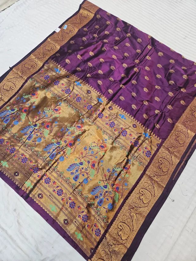 Royal Purple Paithani Vasani Soft Silk Saree with Golden Zari Peacock Pallu