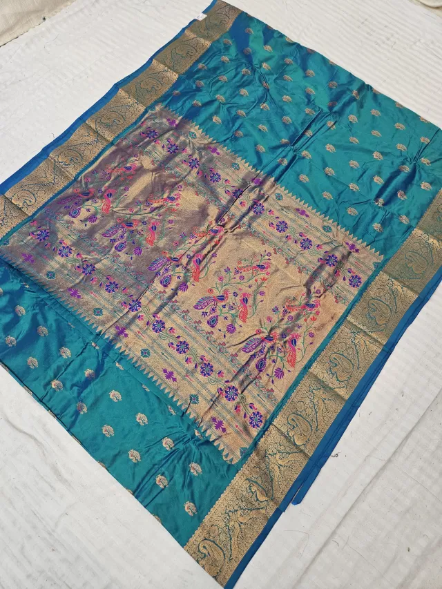 Peacock Teal Paithani Vasani Soft Silk Saree with Golden Zari Peacock Pallu