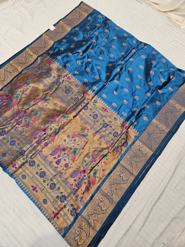 Ocean Blue Paithani Vasani Soft Silk Saree with Golden Zari Peacock Pallu