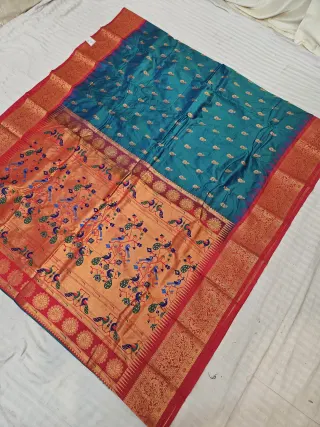 Teal Green and Red Paithani Vasani Soft Silk Saree with Golden Zari Peacock Pallu
