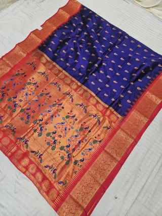 Royal Navy Blue and Red Duel-Tone Paithani Vasani Soft Silk Saree with Golden Zari Peacock Pallu