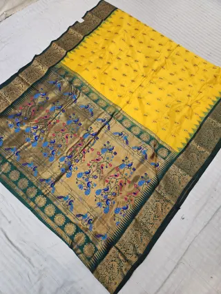 Mustard Yellow and Green Paithani Vasani Soft Silk Saree with Golden Zari Peacock Pallu