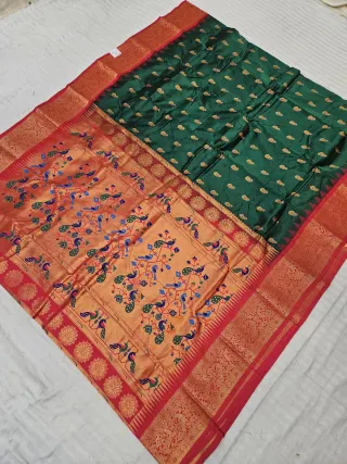 Emerald Green and Red Paithani Vasani Soft Silk Saree with Golden Zari Peacock Pallu