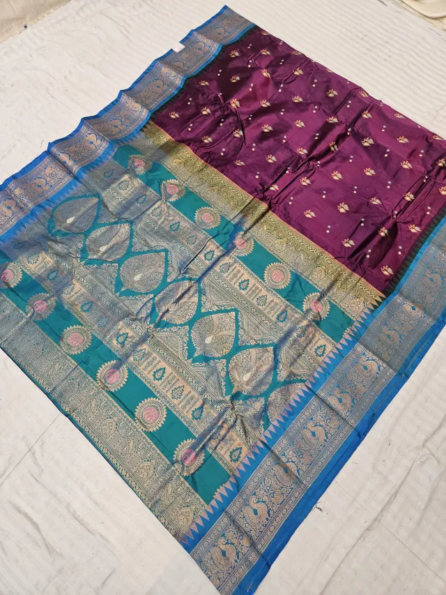 Wine Purple and Teal Paithani Vasani Soft Silk Saree with Zari Medallion Pallu
