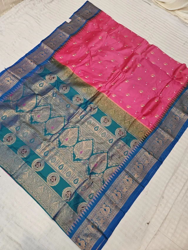 Rani Pink and Teal Paithani Vasani Soft Silk Saree with Zari Medallion Pallu