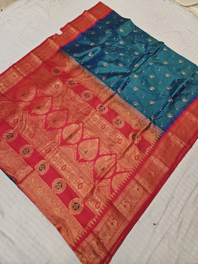 Teal Green and Red Paithani Vasani Soft Silk Saree with Zari Medallion Pallu