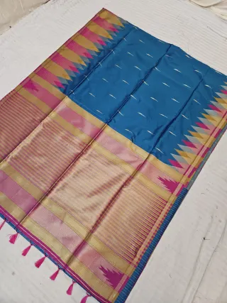 Vibrant Blue and Rani Pink Kanchi Soft Silk Saree with Temple Zari Pallu