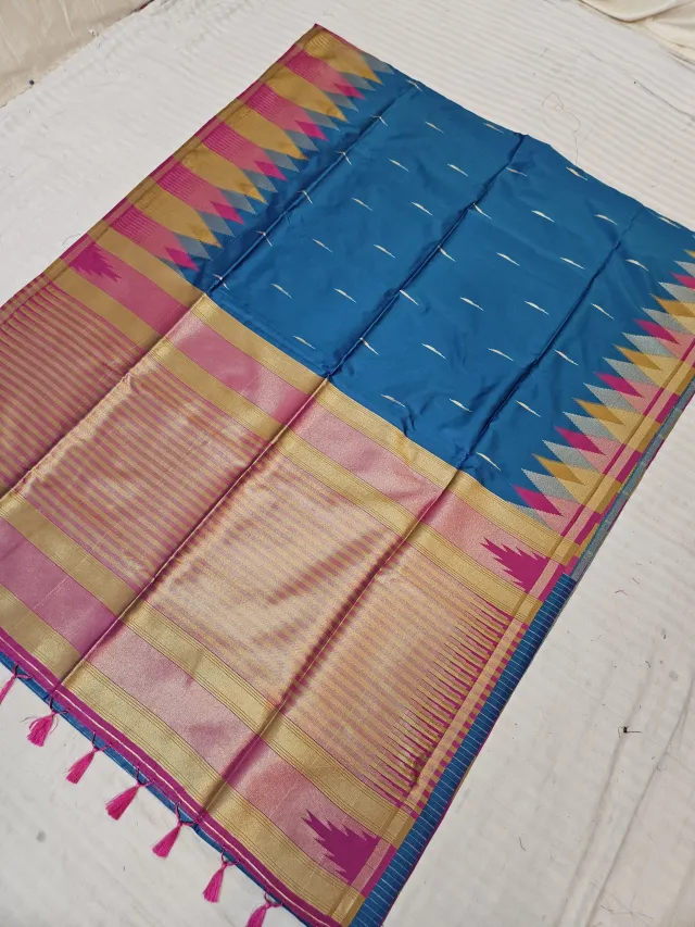 Vibrant Blue and Rani Pink Kanchi Soft Silk Saree with Temple Zari Pallu