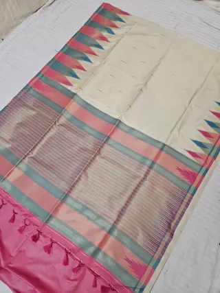 Ivory Cream and Rani Pink Kanchi Soft Silk Saree with Temple Zari Pallu