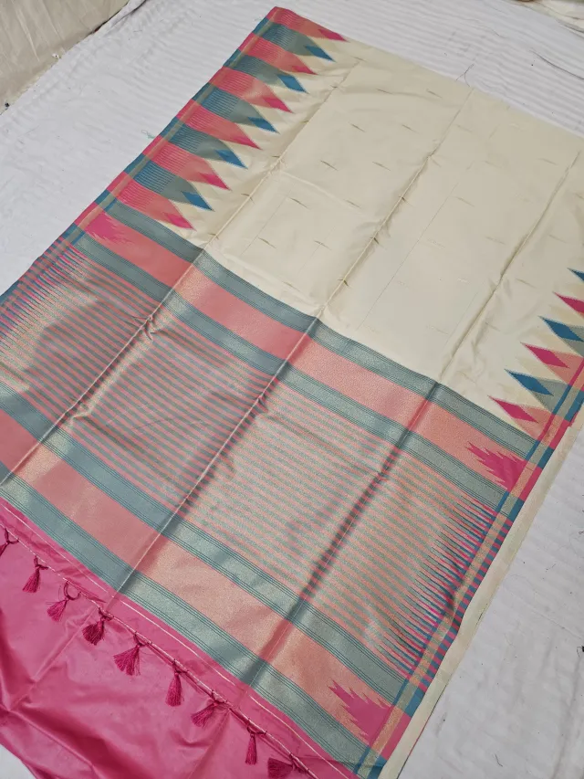 Ivory Cream and Rani Pink Kanchi Soft Silk Saree with Temple Zari Pallu