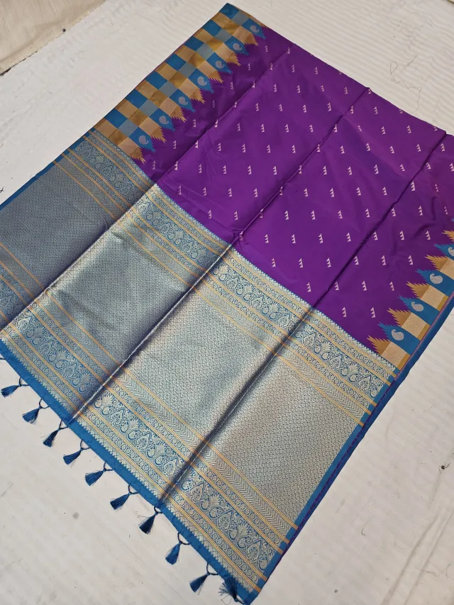 Royal Purple and Teal Kanchi Soft Silk Saree with Zari Brocade Pallu