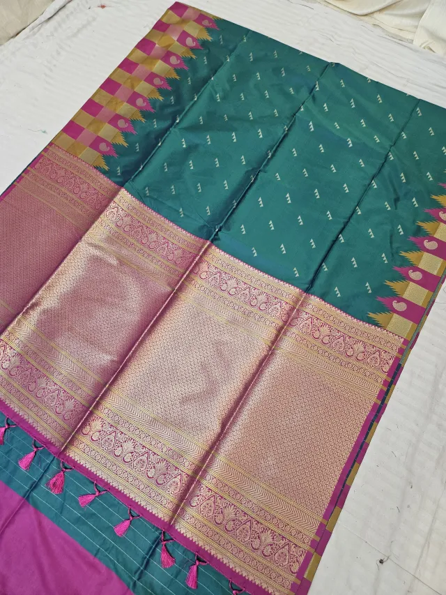Teal Green and Rani Pink Kanchi Soft Silk Saree with Zari Brocade Pallu