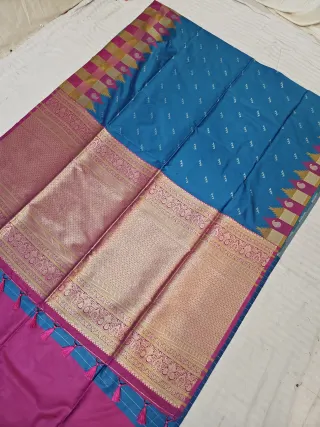 Vibrant Blue and Rani Pink Kanchi Soft Silk Saree with Zari Brocade Pallu