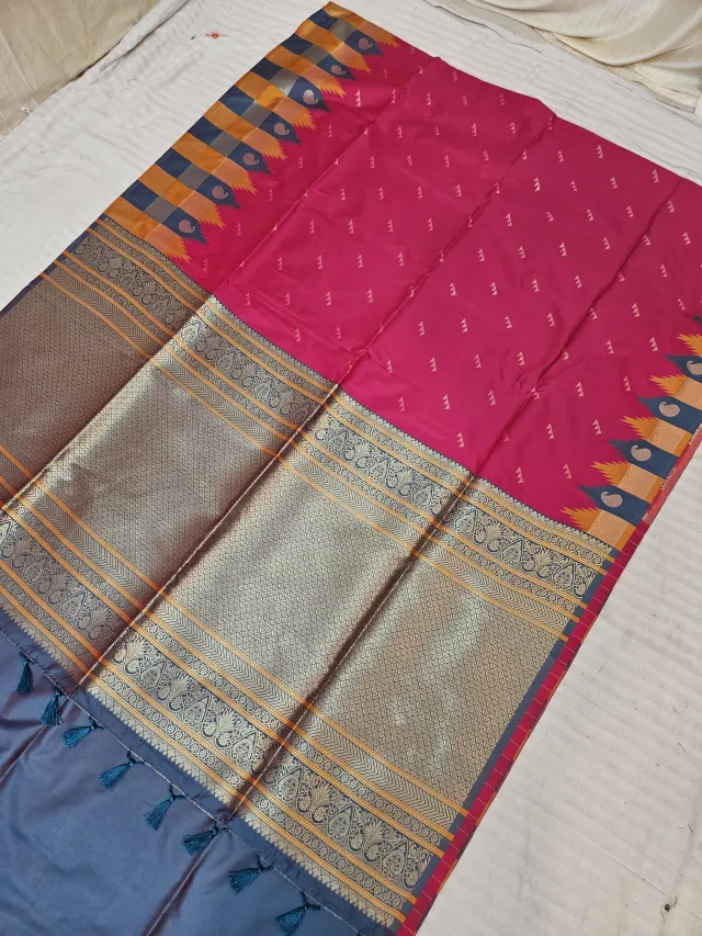 Rani Pink and Slate Grey Kanchi Soft Silk Saree with Zari Brocade Pallu
