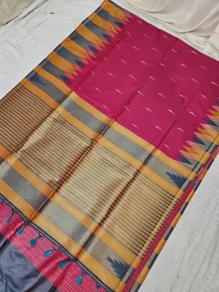 Rani Pink and Mustard Kanchi Soft Silk Saree with Temple Zari Pallu