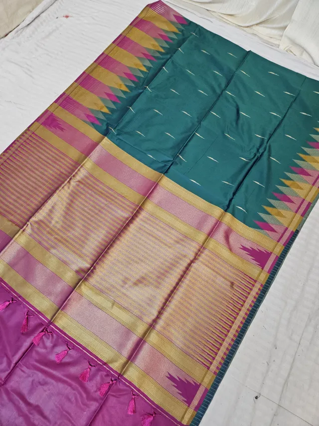 Teal Green and Rani Pink Kanchi Soft Silk Saree with Temple Zari Pallu