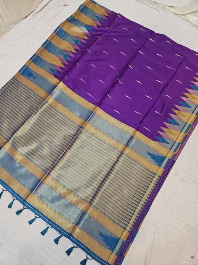 Royal Purple and Turquoise Kanchi Soft Silk Saree with Temple Zari Pallu