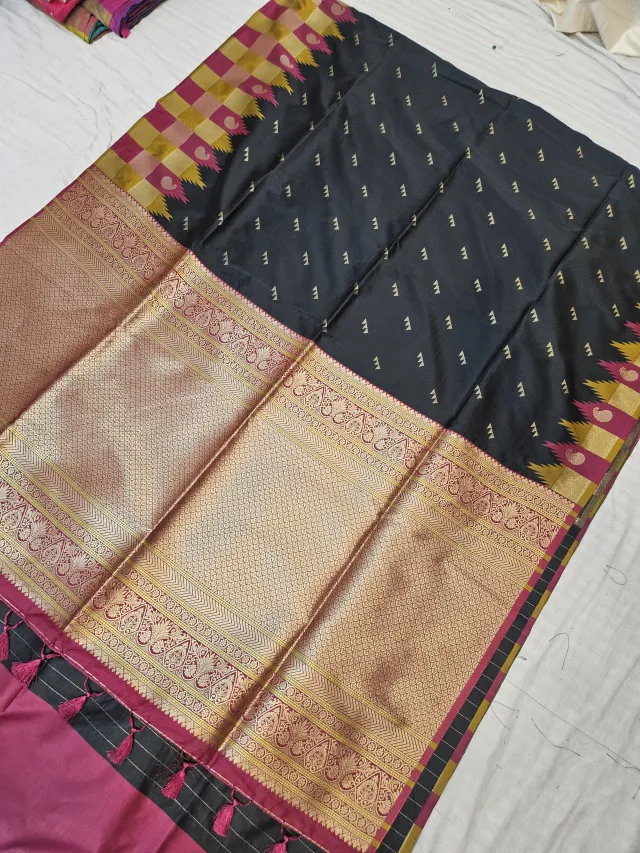 Jet Black and Rani Pink Kanchi Soft Silk Saree with Zari Brocade Pallu
