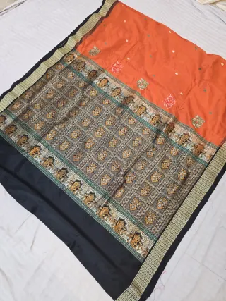 Orange and Black Contrast Figurative Narrative Weave Pure Mulberry Silk Saree