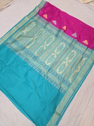 Magenta Pink and Firoza Blue Contrast Bomkai Medallion Pure Mulberry Silk Saree